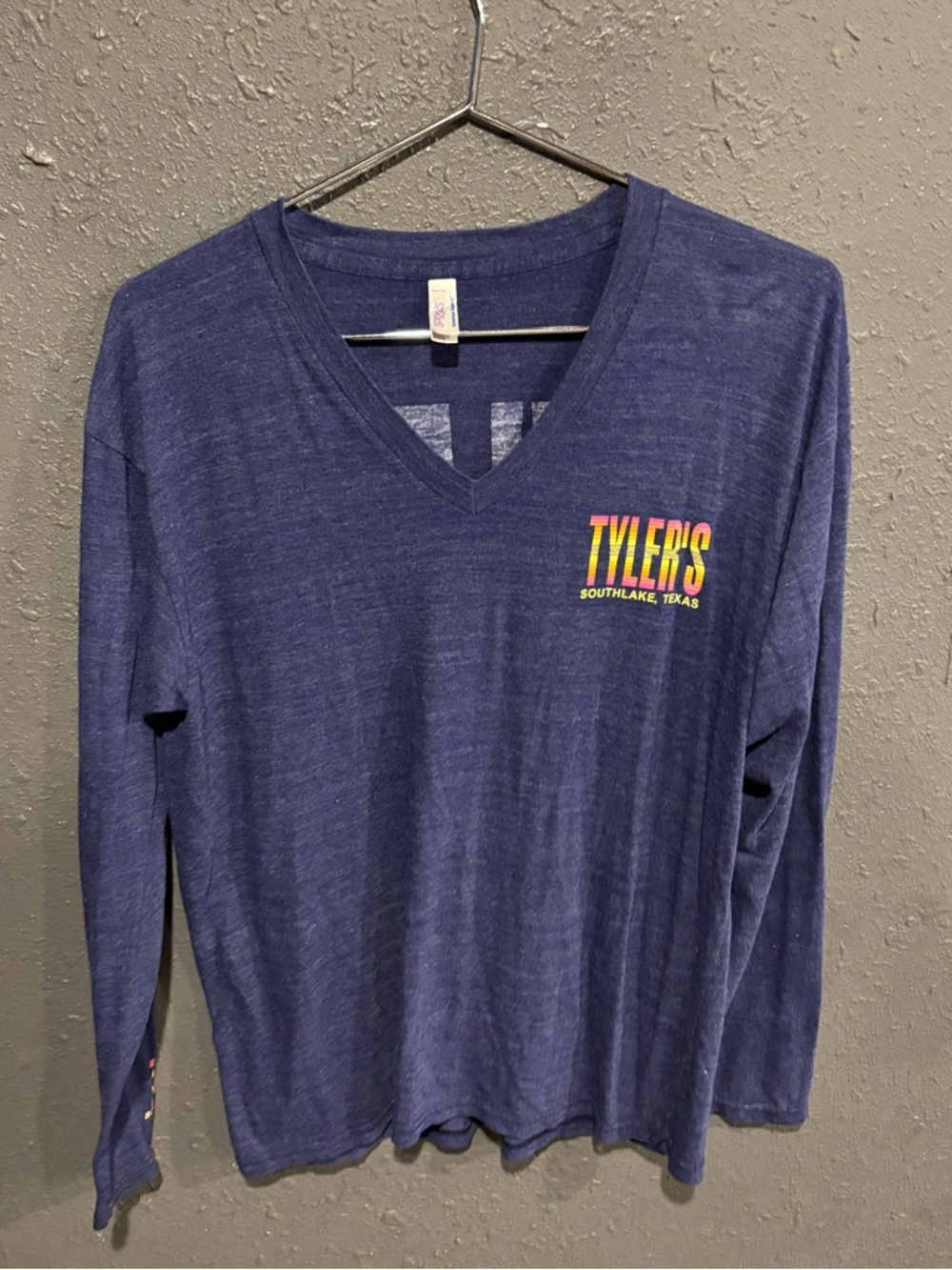 American Apparel Navy V-neck T-Shirt with Multicolor Chest Graphic